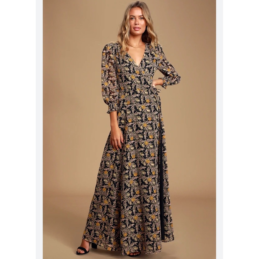 Lulu's Black Floral Maxi Dress with Yellow Accents
